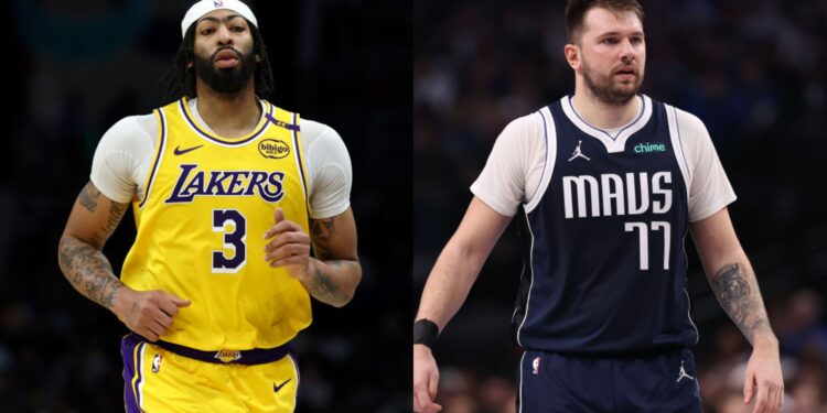 Na imagem à esquerda, Anthony Davis, novo jogador do Dallas Mavericks. Na imagem à direita, Luka Doncic, novo jogador do Los Angeles Lakers