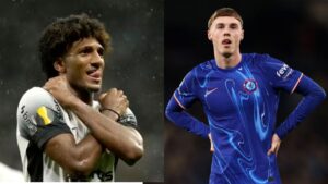 Na imagem à esquerda, Talles Magno, do COrinthians. Na imagem à direita, Cole Palmer, o Chelsea