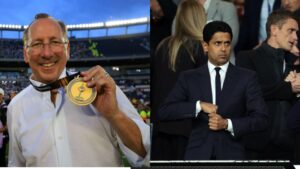 Na imagem à esquerda, John Textor, presidente do Lyon. Na imagem à direita, Nasser al-Khelaifi, presidente do PSG