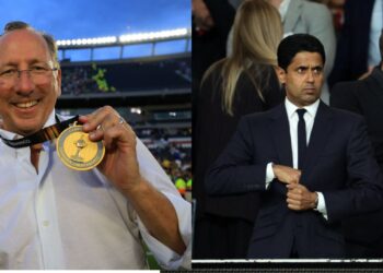 Na imagem à esquerda, John Textor, presidente do Lyon. Na imagem à direita, Nasser al-Khelaifi, presidente do PSG