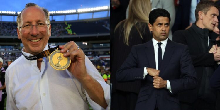 Na imagem à esquerda, John Textor, presidente do Lyon. Na imagem à direita, Nasser al-Khelaifi, presidente do PSG