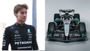 Na imagem à esquerda, George Russell, piloto da Mercedes. Na imagem à direita, foto do W16 E, novo carro da Mercedes