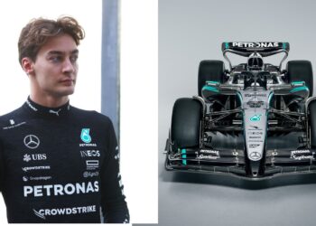Na imagem à esquerda, George Russell, piloto da Mercedes. Na imagem à direita, foto do W16 E, novo carro da Mercedes