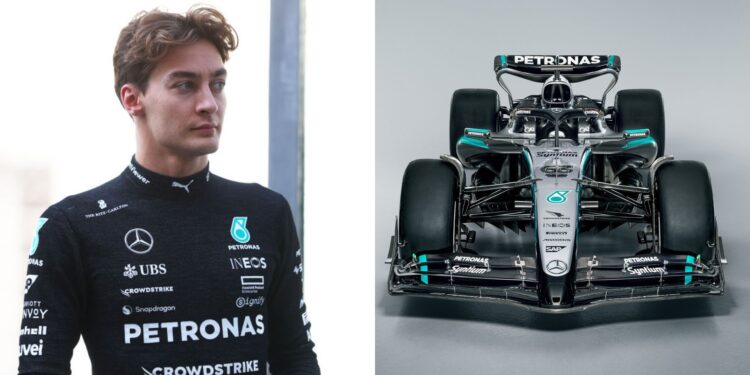 Na imagem à esquerda, George Russell, piloto da Mercedes. Na imagem à direita, foto do W16 E, novo carro da Mercedes