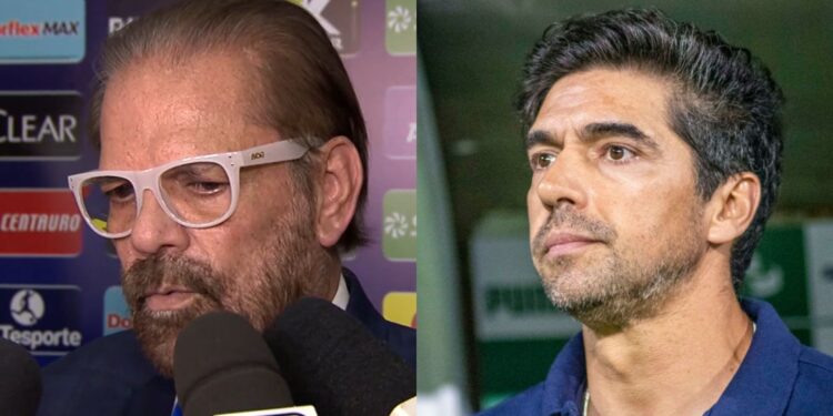 Na imagem à esquerda, Reinaldo Carneiro Bastos, presidente da Federação Paulista de Futebol. Na imagem à direita, Abel Ferreira, treinador do Palmeiras