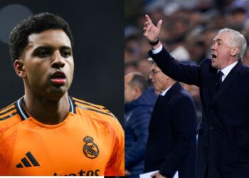 Na imagem à esquerda, Rodrygo Goes, do Real Madrid. Na imagem à direita, Carlo Ancelotti, técnico do Real Madrid