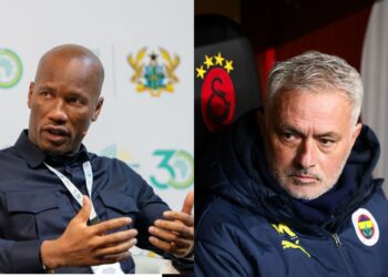 Na imagem à esquerda, Didier Drogba, ex-jogador. Na imagem à direita, José Mourinho, treinador do Fenerbahce