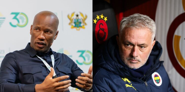 Na imagem à esquerda, Didier Drogba, ex-jogador. Na imagem à direita, José Mourinho, treinador do Fenerbahce