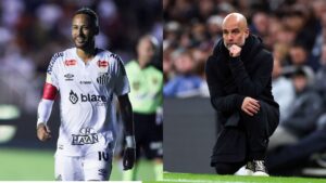 Na imagem à esquerda, Neymar, do Santos. Na imagem à direita, Pep Guardiola, treinador do Manchester City