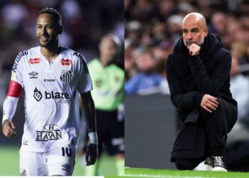 Na imagem à esquerda, Neymar, do Santos. Na imagem à direita, Pep Guardiola, treinador do Manchester City