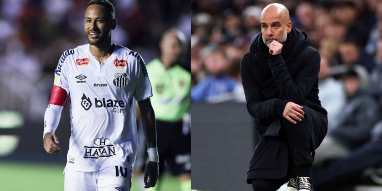 Na imagem à esquerda, Neymar, do Santos. Na imagem à direita, Pep Guardiola, treinador do Manchester City