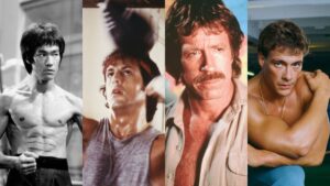Montagem com atores de filmes de luta clássicos, como Bruce Lee, Rocky Balboa, Chuck Norris e Jean-Claude Van Damme