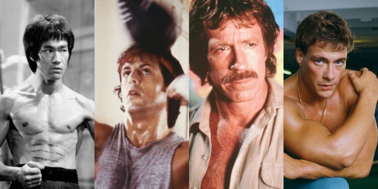 Montagem com atores de filmes de luta clássicos, como Bruce Lee, Rocky Balboa, Chuck Norris e Jean-Claude Van Damme