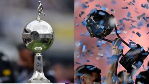Na imagem à esquerda, troféu da Libertadores. Na imagem à direita, troféu da Sul-Americana