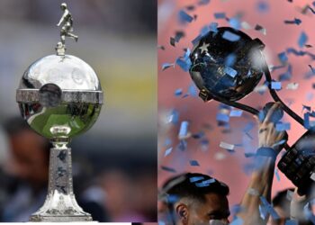 Na imagem à esquerda, troféu da Libertadores. Na imagem à direita, troféu da Sul-Americana