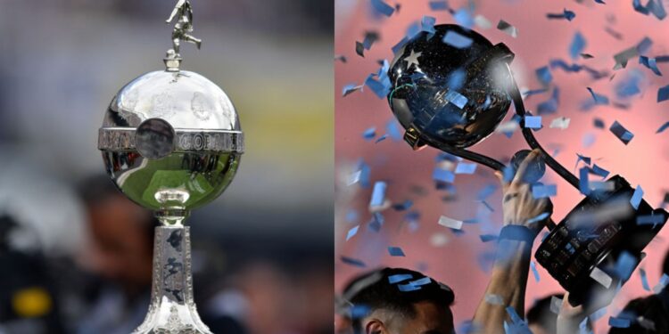 Na imagem à esquerda, troféu da Libertadores. Na imagem à direita, troféu da Sul-Americana