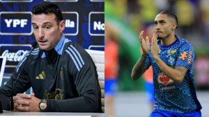 Na imagem à esquerda, Lionel Scaloni, treinador da Argentina. Na imagem à direita, Raphinha, do Brasil