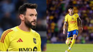 Na imagem à esquerda, Hugo Lloris, do Los Angeles FC. Na imagem à direita, Kevin Álvarez, do América-MEX