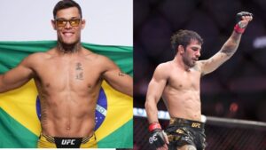 Na imagem à esquerda, Caio Borralho, lutador brasileiro do UFC. Na imagem à direita, Alexandre Pantoja, lutador brasileiro do UFC