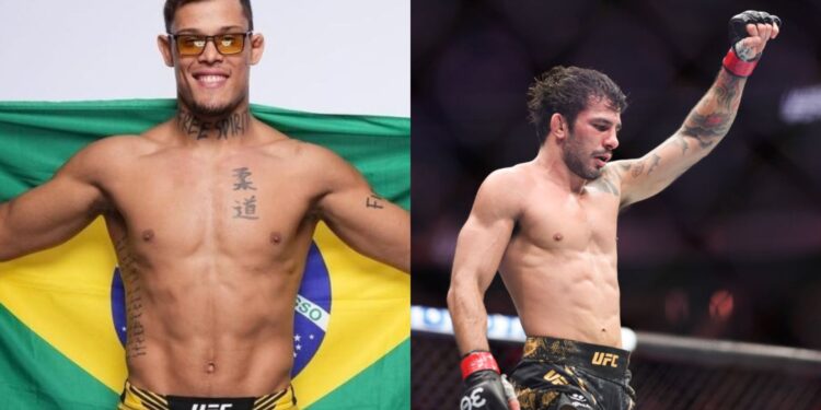 Na imagem à esquerda, Caio Borralho, lutador brasileiro do UFC. Na imagem à direita, Alexandre Pantoja, lutador brasileiro do UFC