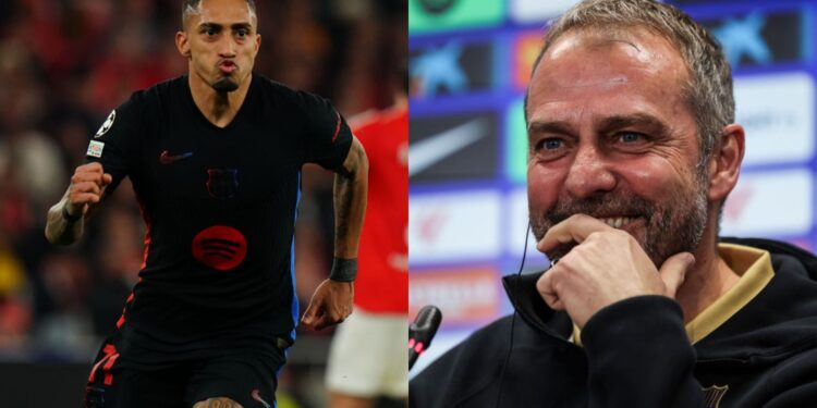 Na imagem à esquerda, Raphinha, do Barcelona. Na imagem à direita, Hansi Flick, técnico do Barcelona