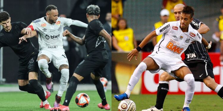 Neymar contra o Corinthians em 2011 e em 2025