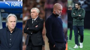 Da esquerda para a direita: Jorge Jesus, Carlo Ancelotti, Pep Guardiola e Abel Ferreira