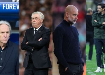 Da esquerda para a direita: Jorge Jesus, Carlo Ancelotti, Pep Guardiola e Abel Ferreira