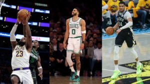 Na imagem à esquerda, LeBron James, do Los Angeles Lakers. Na imagem central, Jayson Tatum, do Boston Celtics. Na imagem à direita, Giannis Antetokounmpo, do Milwaukee Bucks