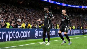 Bukayo Saka, do Arsenal, comemora gol marcado contra o Real Madrid
