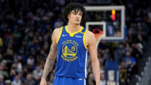 Gui Santos, ala do Golden State Warriors, durante partida contra o Denver Nuggets