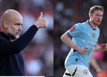 Na imagem à esquerda, Pep Guardiola, treinador do Manchester City. Na imagem à direita, Kevin De Bruyne, ex-jogador do Manchester City