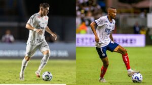Na imagem à esquerda, Benjamin Rollheiser, do Santos. Na imagem à direita, Ademir, do Bahia