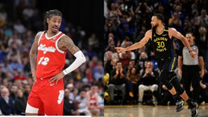 Na imagem à esquerda, Ja Morant, do Memphis Grizzlies. Na imagem à direita, Stephen Curry, do Golden State Warriors