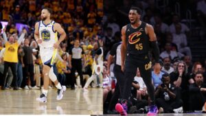 Na imagem à esquerda, Stephen Curry, do Golden State Warriors. Na imagem à direita, Donovan Mitchell, do Cleveland Cavaliers