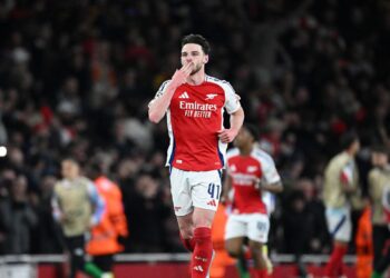 Declan Rice, do Arsenal, comemora gol marcado contra o Real Madrid