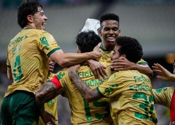 Jogadores do Palmeiras comemoram gol marcado contra o Ceará