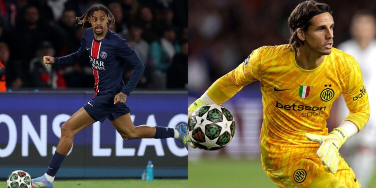 Na imagem à esquerda, Barcola, do PSG. Na imagem à direita, Yan Sommer, da Inter de Milão