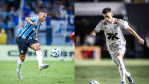 Na imagem à esquerda, Martin Braithwaite, do Grêmio. Na imagem à direita, Escobar, do Santos