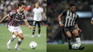 Na imagem à esquerda, Guga, do Fluminense. Na imagem à direita, Hulk, do Atlético-MG