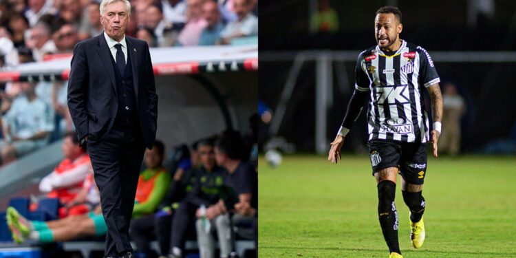 Na imagem à esquerda, Carlo Ancelotti, treinador da Seleção Brasileira. Na imagem à direita, Neymar, do Santos