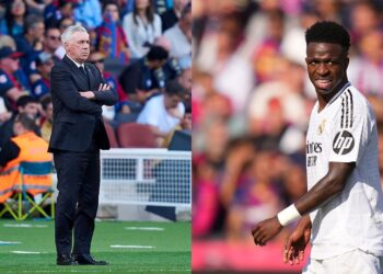 Na imagem à esquerda, Carlo Ancelotti, técnico do Real Madrid. Na imagem à direita, Vinícius Jr., do Real Madrid
