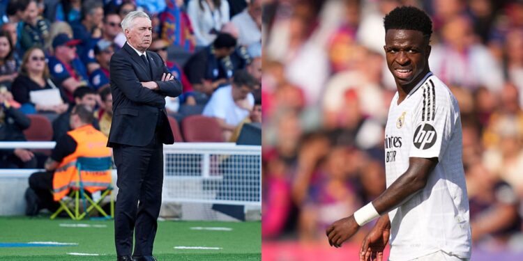 Na imagem à esquerda, Carlo Ancelotti, técnico do Real Madrid. Na imagem à direita, Vinícius Jr., do Real Madrid