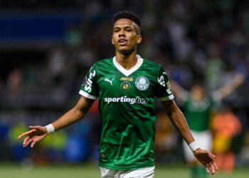 Estêvão comemora um dos gols do Palmeiras