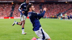 Bruno Fernandes, do Manchester United, comemora gol marcado contra o Athletic Bilbao