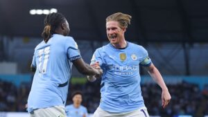 Kevin de Bruyne, do Manchester City. comemora gol marcado contra o Wolverhampton