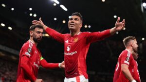 Casemiro, do Manchester United, comemora gol marcado contra o Athletic Bilbao