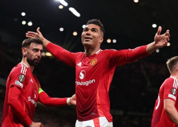 Casemiro, do Manchester United, comemora gol marcado contra o Athletic Bilbao