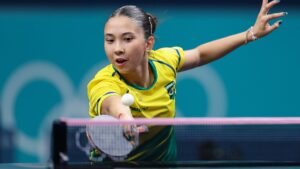 Giulia Takahashi no Mundial de Tênis de Mesa em Doha.