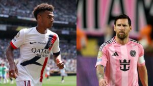 Na imagem á esquerda, Désiré Doué, do PSG. Na imagem à direita, Lionel Messi, do Inter Miami